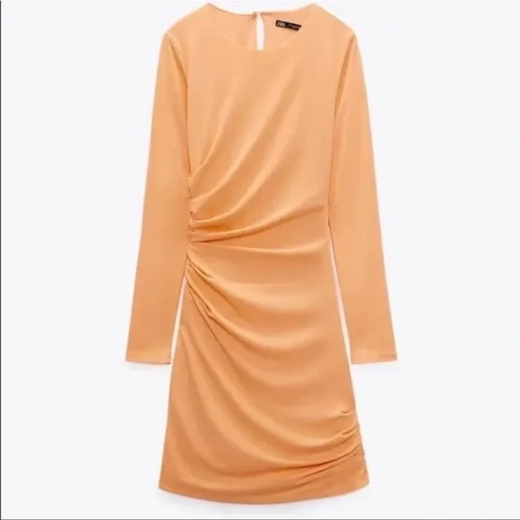 Zara Neon Orange Long Sleeve Ruched Side Mini Dress - Picture 6 of 6